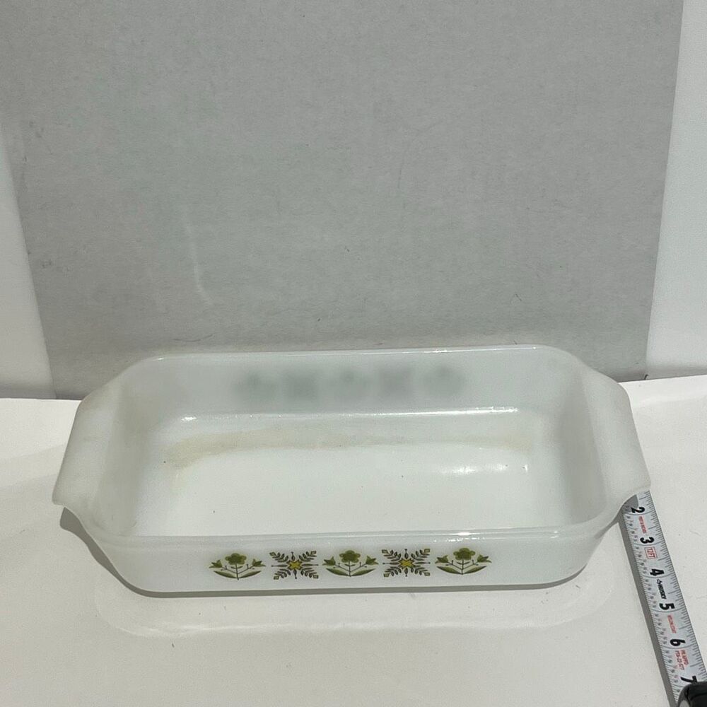 Fire King‎ White Anchor Hocking Meadow Green Flower Glass Loaf Dish Pan